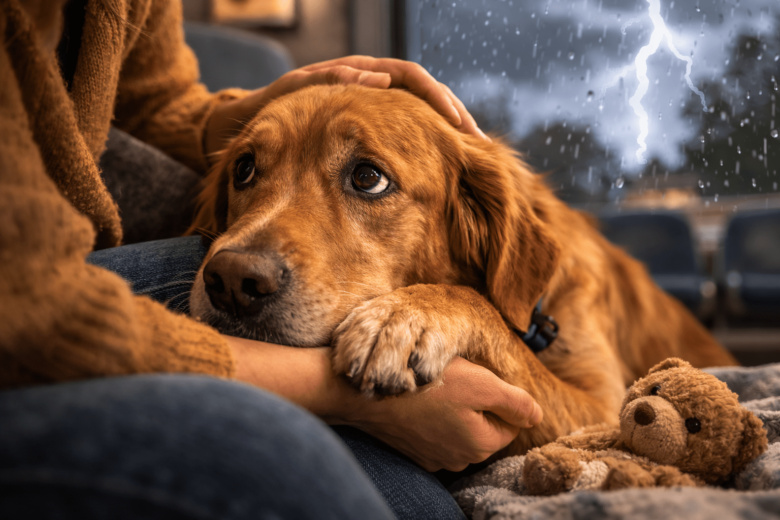 Why Do Dogs Put Their Paw on You? Understanding This Common Behavior 2 A person comforts a sad golden retriever during a thunderstorm, gently holding its paw. The dog looks anxious, resting its head on the person's arm. A small stuffed bear lies nearby, and lightning flashes outside the window.