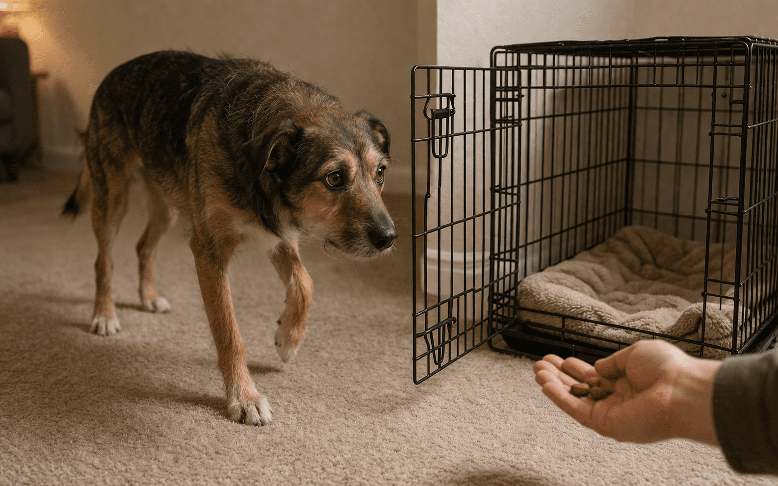 How to Crate Train a Rescue Dog 1 A dog cautiously approaches a person's outstretched hand holding treats near an open wire crate with a blanket inside, on a carpeted floor indoors.