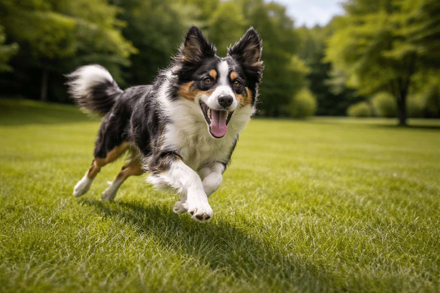Why Do Dogs Get the Zoomies? Understanding Your Dog's Wild Energy Bursts 2 A happy black, white, and brown dog is running across a grassy field with its tongue out, surrounded by green trees on a sunny day.