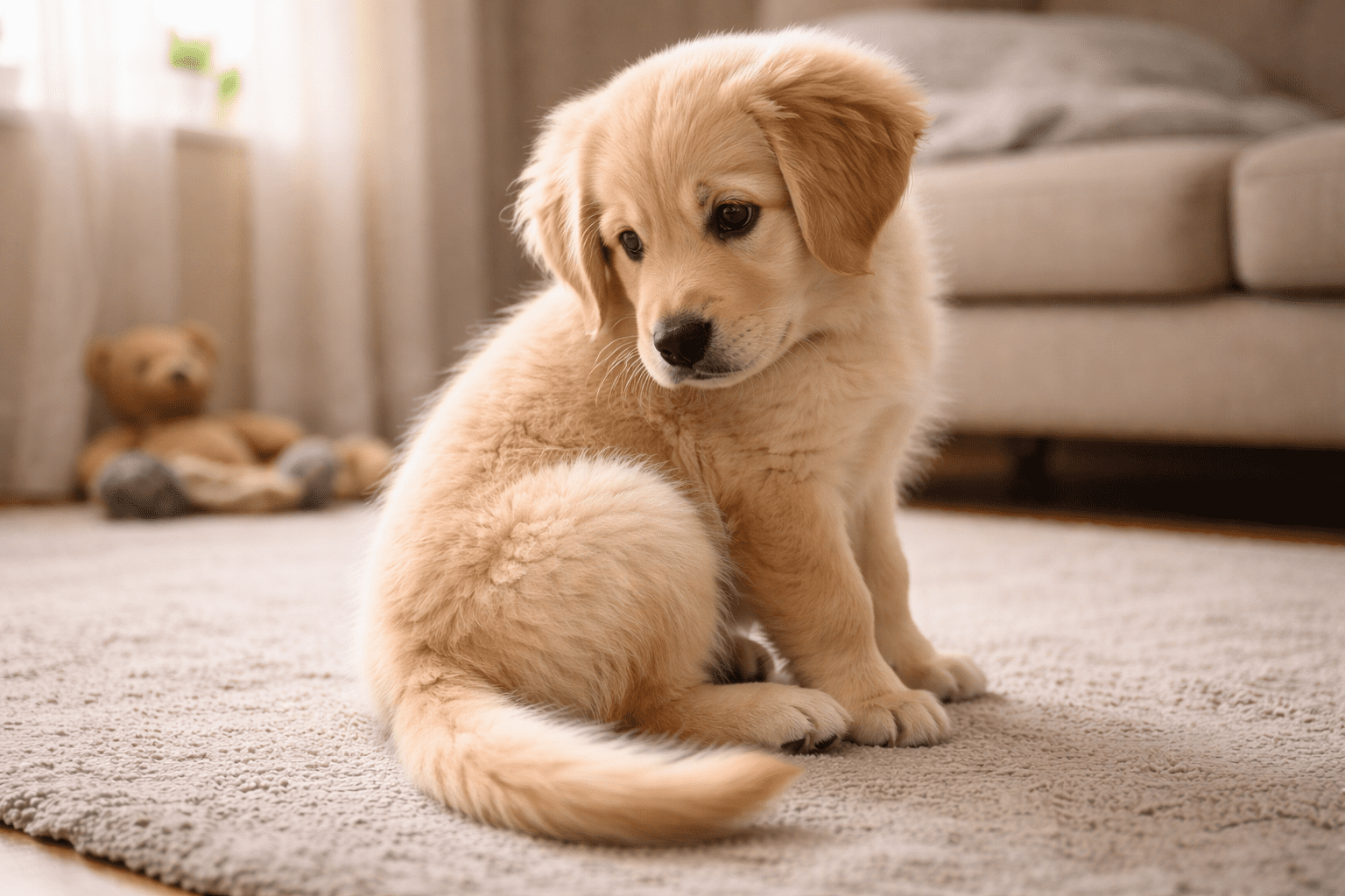 Why Do Dogs Chase Their Tails? Understanding This Common Canine Behavior 1 A fluffy golden puppy sits on a soft beige carpet, looking down with a slightly tilted head. A blurred teddy bear and sofa are visible in the background, creating a cozy indoor scene.