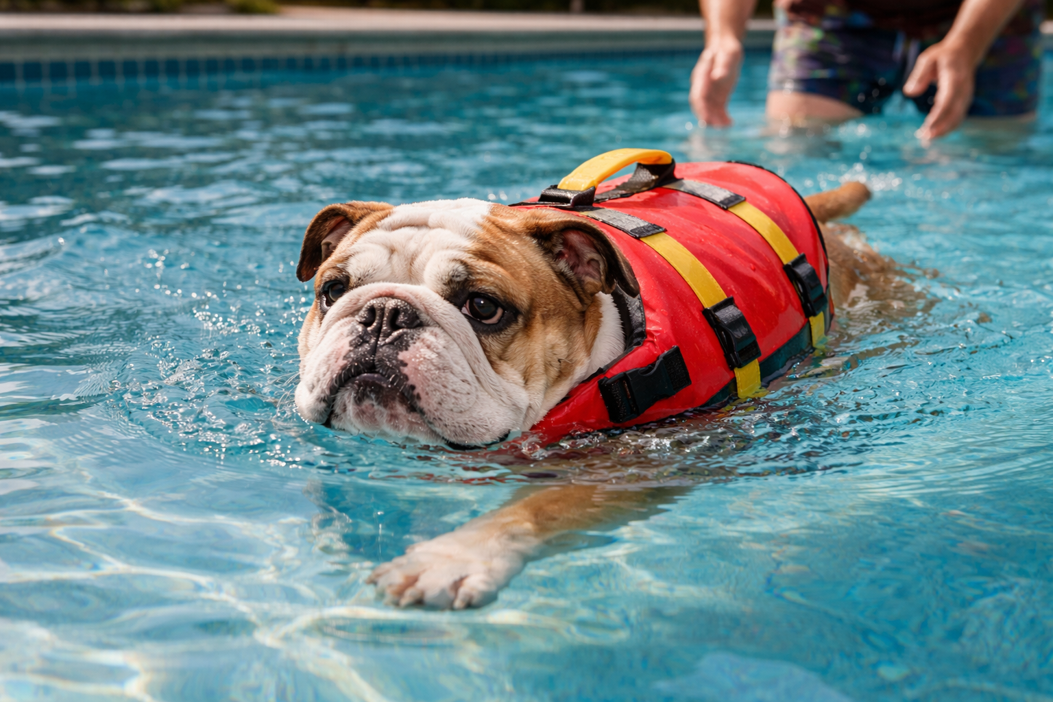 How to Teach a Dog to Swim: Complete Training Guide 5 English Bulldog wearing life jacket swimming in pool with close supervision showing breeds that need extra help