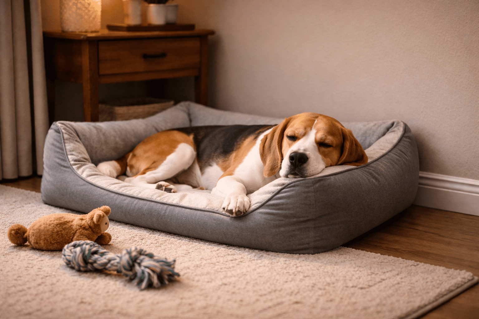 Barrier Aggression in Dogs: Causes, Triggers, and How to Fix It 3 A beagle is sleeping peacefully in a gray dog bed on a cozy rug. A plush teddy bear toy and a rope toy lie on the floor nearby, and a wooden nightstand is in the background, creating a warm, homey atmosphere.