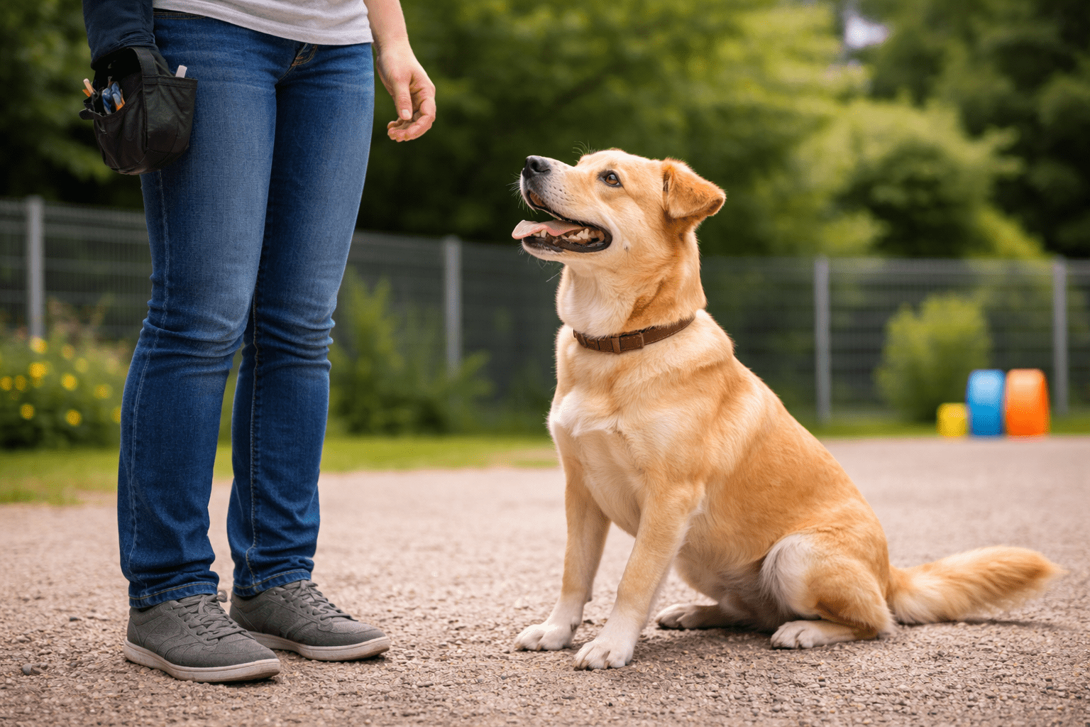 Why Do Dogs Get the Zoomies? Understanding Your Dog's Wild Energy Bursts 5 A golden-colored dog sits attentively on a paved path, looking up at a person standing nearby. The person is wearing jeans and gray sneakers. There is greenery and a fence in the background.