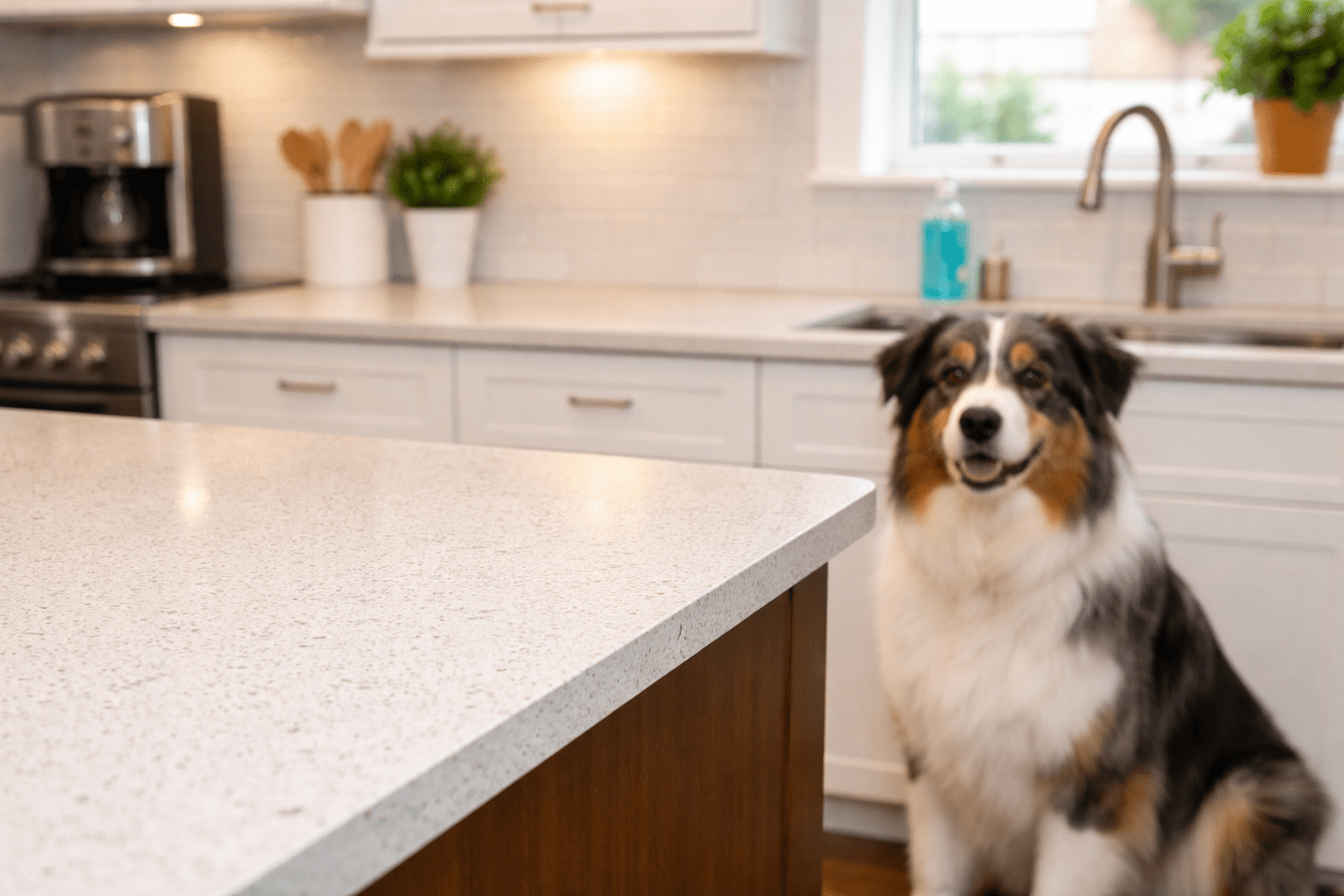How to Stop Dog from Counter Surfing: Effective Training Solutions 2 Clean, empty kitchen counter with no food items demonstrating proper management to prevent dog counter surfing