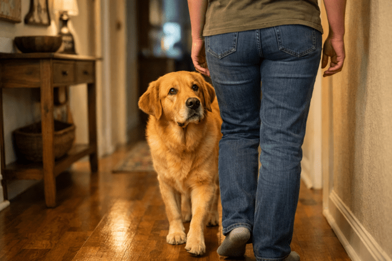 Why Is My Dog So Clingy. A golden retriever walks beside a person in jeans and socks down a hallway with wooden floors and warm lighting.