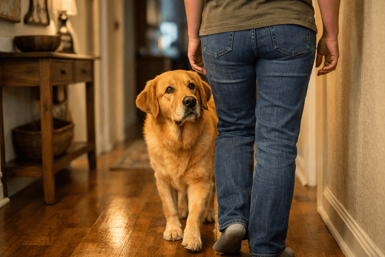 Why Is My Dog So Clingy. A golden retriever walks beside a person in jeans and socks down a hallway with wooden floors and warm lighting.