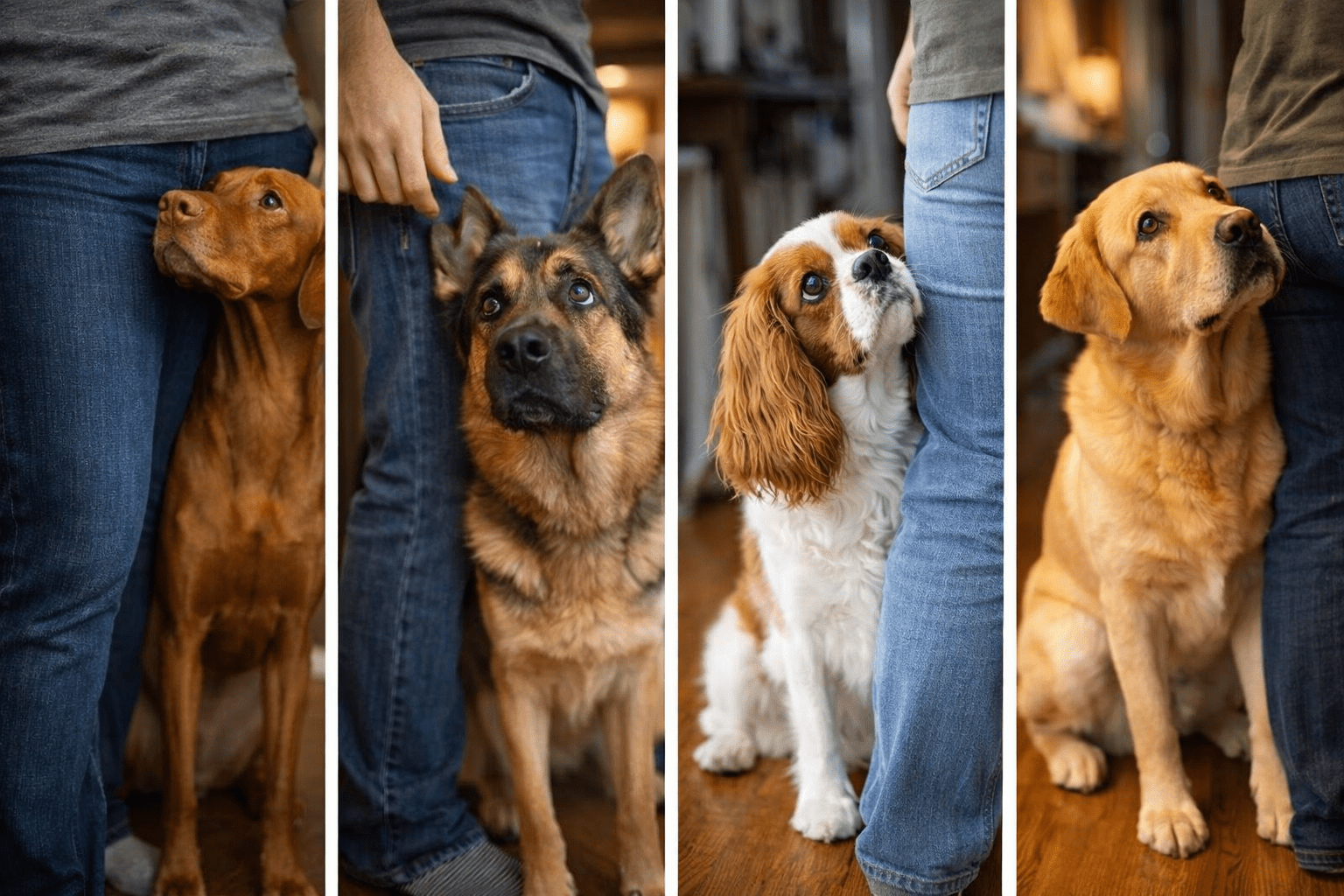 Why Is My Dog So Clingy? Understanding and Managing Velcro Dog Behavior 2 Four vertical panels each show a dog sitting closely beside a person, looking up at them affectionately. The dogs are of different breeds, and only the person's legs and hand are visible in each panel.