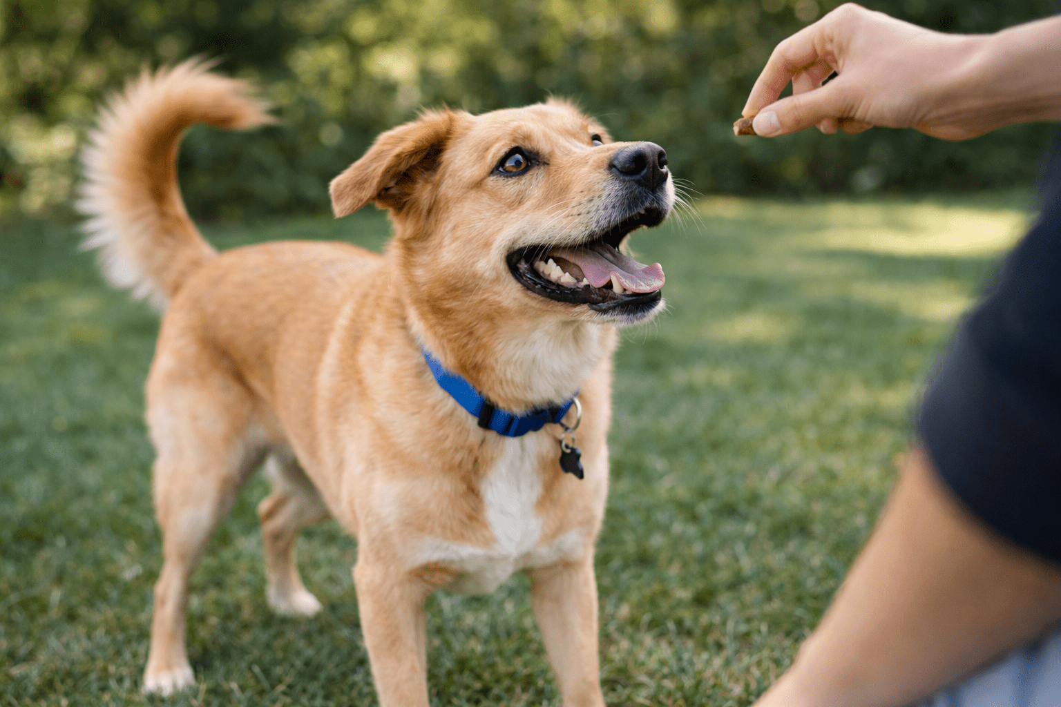 Do Dogs Get Embarrassed? Understanding Your Dog's Emotions 5 A happy brown dog with a blue collar stands on grass, looking up eagerly at a person holding a treat in their hand. Green foliage is blurred in the background.