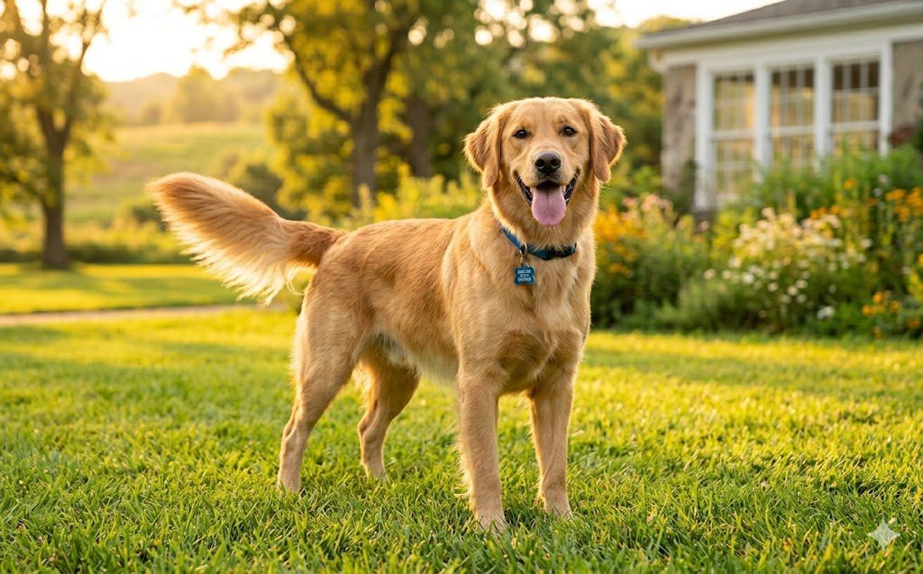 How to Help a Fearful Dog Gain Confidence 5 A happy golden retriever stands on green grass in a sunny backyard, with a house and trees in the background. The dog has its mouth open and tail up, looking directly at the camera.