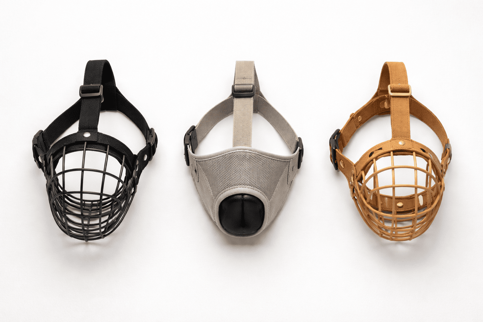 Muzzle Training for Dogs: A Complete Guide for Safety and Success 2 Side-by-side comparison of basket muzzle, soft muzzle, and biothane muzzle showing different options for dog training