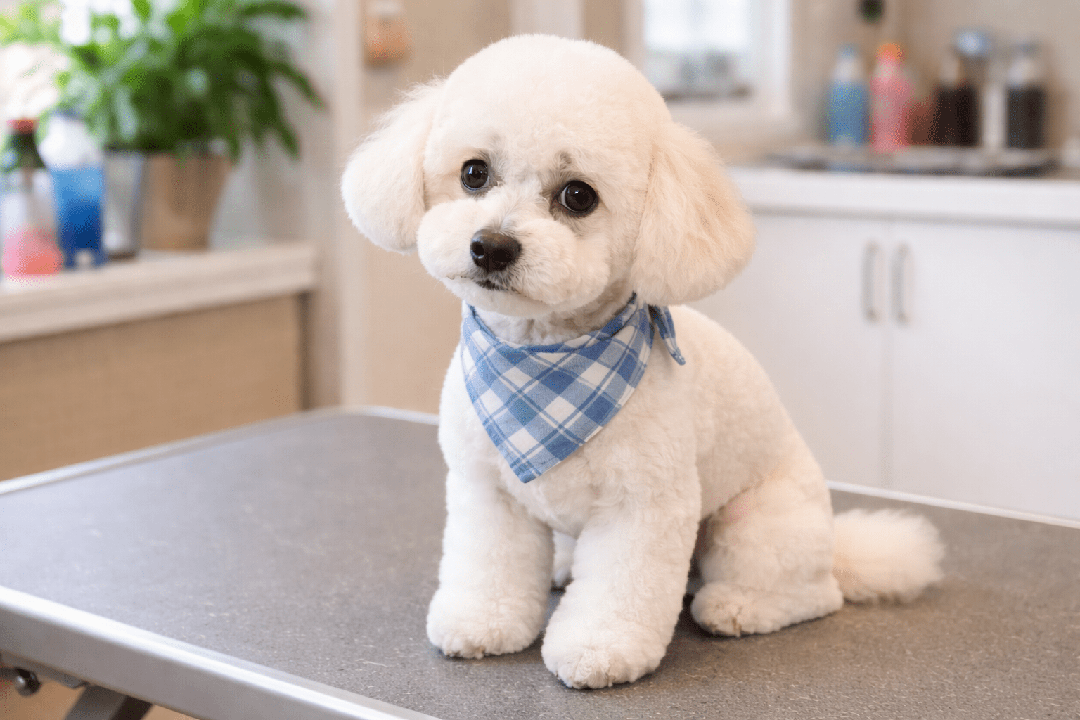 Do Dogs Get Embarrassed? Understanding Your Dog's Emotions 4 A small white poodle with a fluffy coat sits on a grooming table, wearing a blue and white checkered bandana, in a bright, tidy room with grooming supplies and a plant in the background.