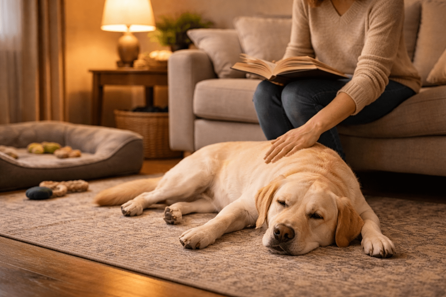 Do Dogs Hold Grudges? Understanding Your Dog's Memory and Emotions 1 A person sits on a sofa reading a book and gently pets a large yellow Labrador lying relaxed on a rug in a cozy, warmly lit living room. A dog bed and toys are visible in the background.