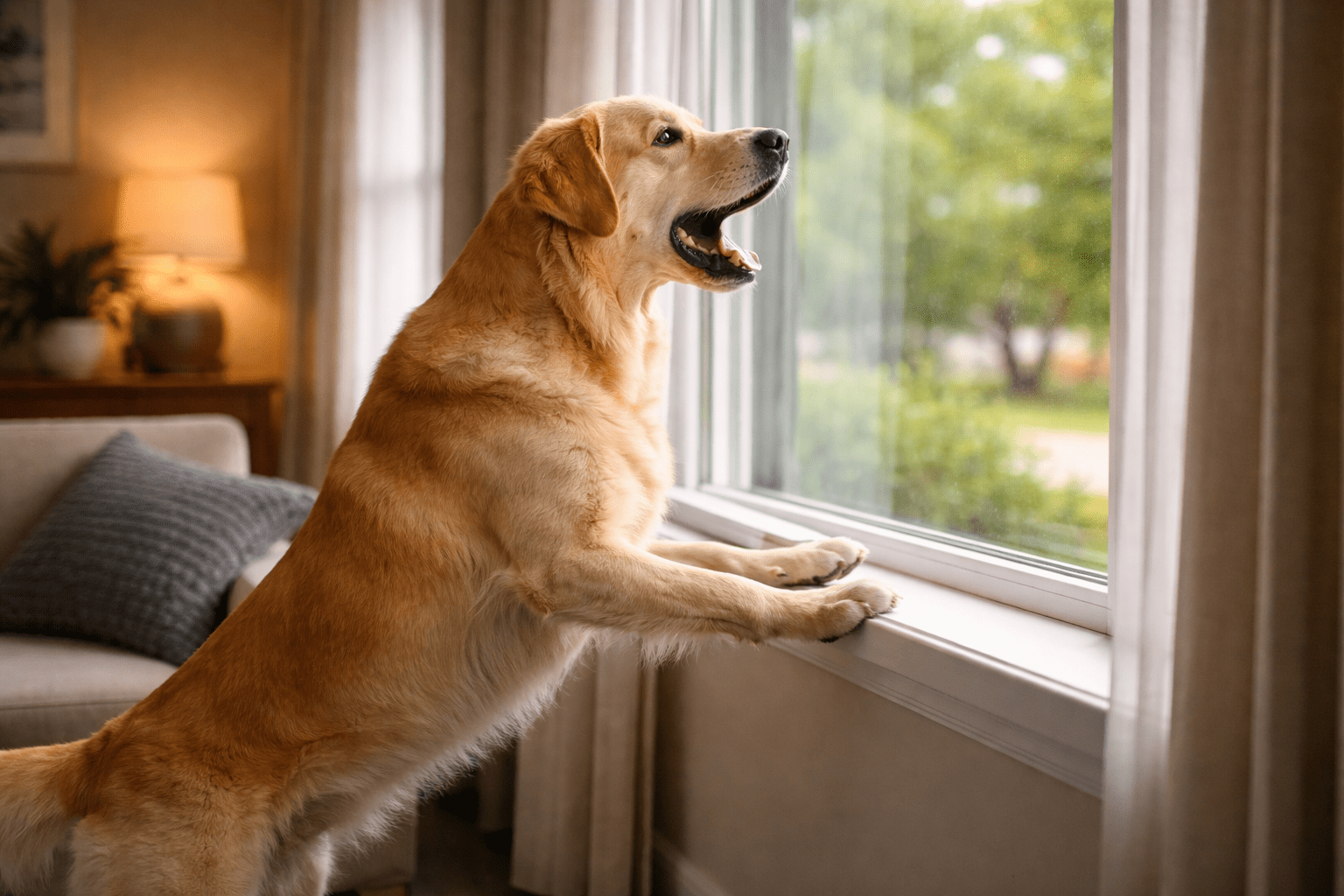Barrier Aggression in Dogs: Causes, Triggers, and How to Fix It 2 A golden retriever with its front paws on a windowsill looks out an open window, mouth open as if barking. The cozy room features a couch, a lamp, and soft lighting. Greenery is visible outside.