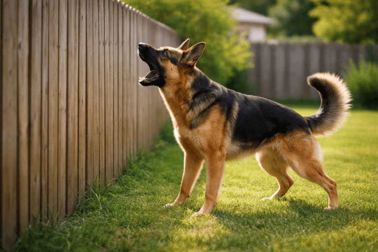 barrier aggression in dogs. A German Shepherd stands on green grass, facing a wooden fence, with its mouth open as if barking. Sunlight highlights its fur and there are trees and a house in the background.