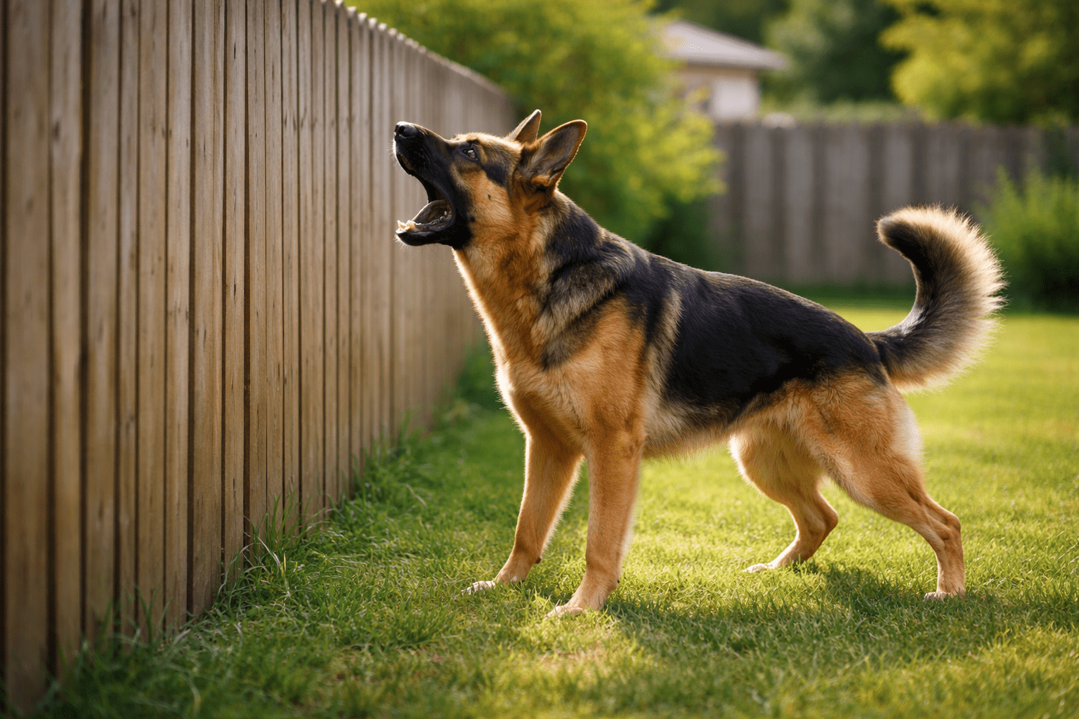 barrier aggression in dogs. A German Shepherd stands on green grass, facing a wooden fence, with its mouth open as if barking. Sunlight highlights its fur and there are trees and a house in the background.
