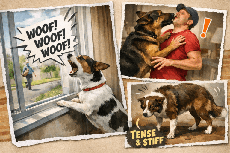 Common dog behavior issues. A collage shows a dog barking at a window, the same dog jumping on a surprised man, and then looking tense and stiff, with captions “Woof! Woof! Woof!” and “Tense & Stiff.”.