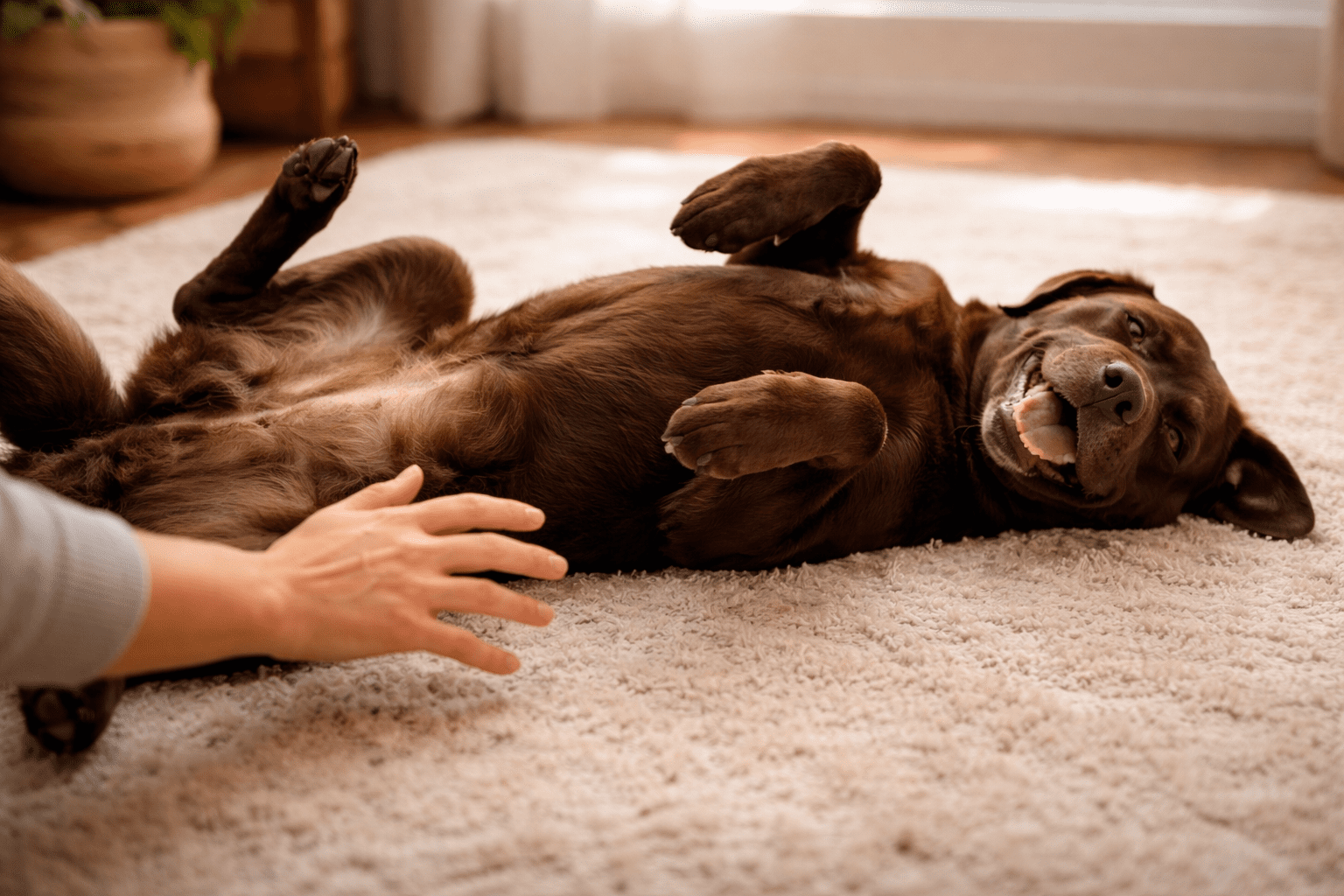 Signs Your Dog Trusts You: How to Read Your Dog's Trust Signals 2 Labrador retriever lying on back with belly exposed showing ultimate trust signal to owner