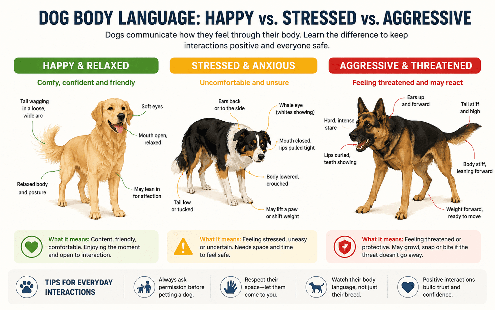 How to Read Dog Body Language: Signals Every Owner Must Know (With Chart) 5 An infographic compares dog body language—happy, stressed, and aggressive—with labeled illustrations: a relaxed golden retriever, an anxious mixed breed, and a threatened German shepherd, plus tips for safe dog interactions.