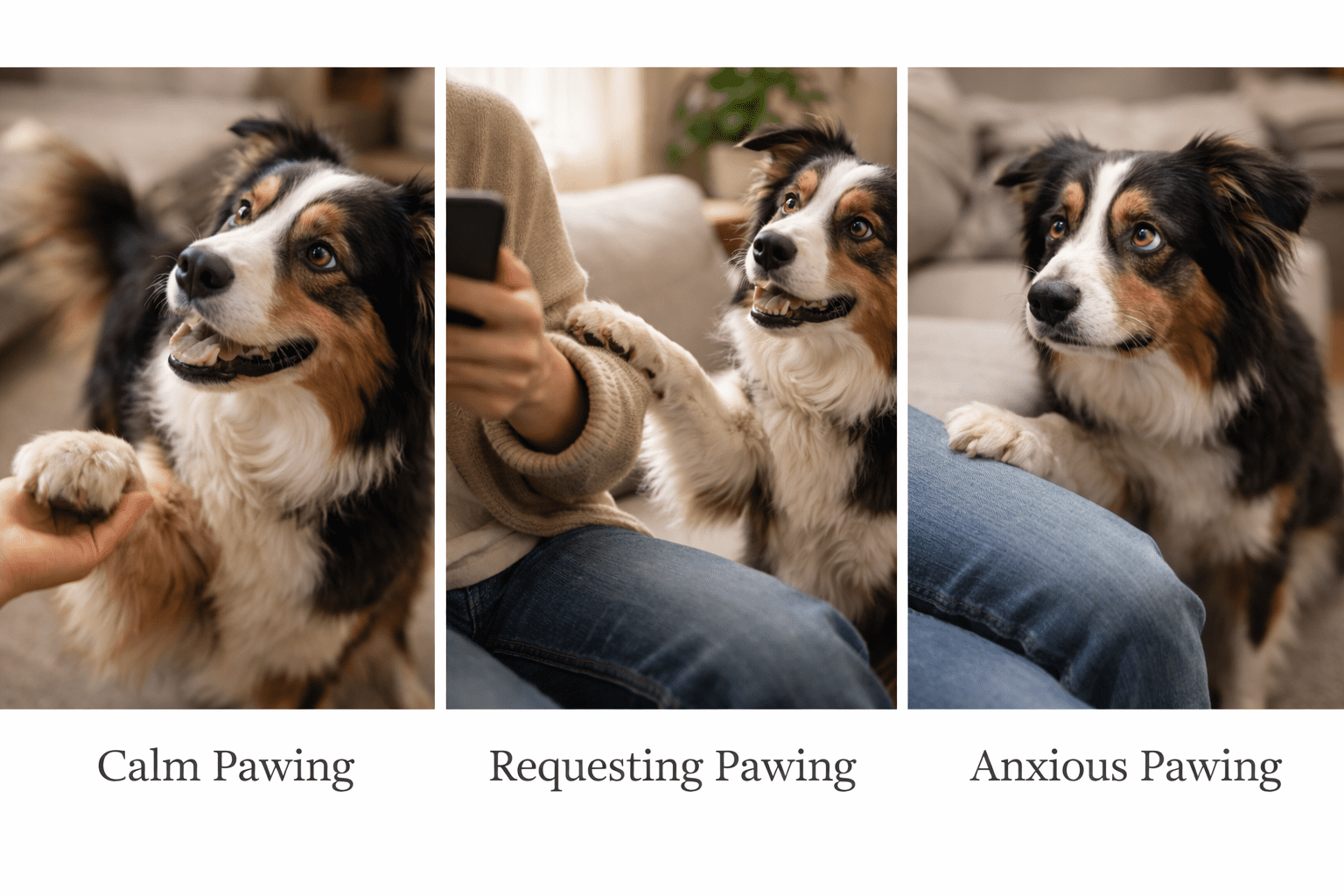 Why Do Dogs Put Their Paw on You? Understanding This Common Behavior 4 Three photos show a black, tan, and white dog displaying different pawing behaviors: calm pawing to a hand, requesting pawing toward a person holding a phone, and anxious pawing with wide eyes on a couch.