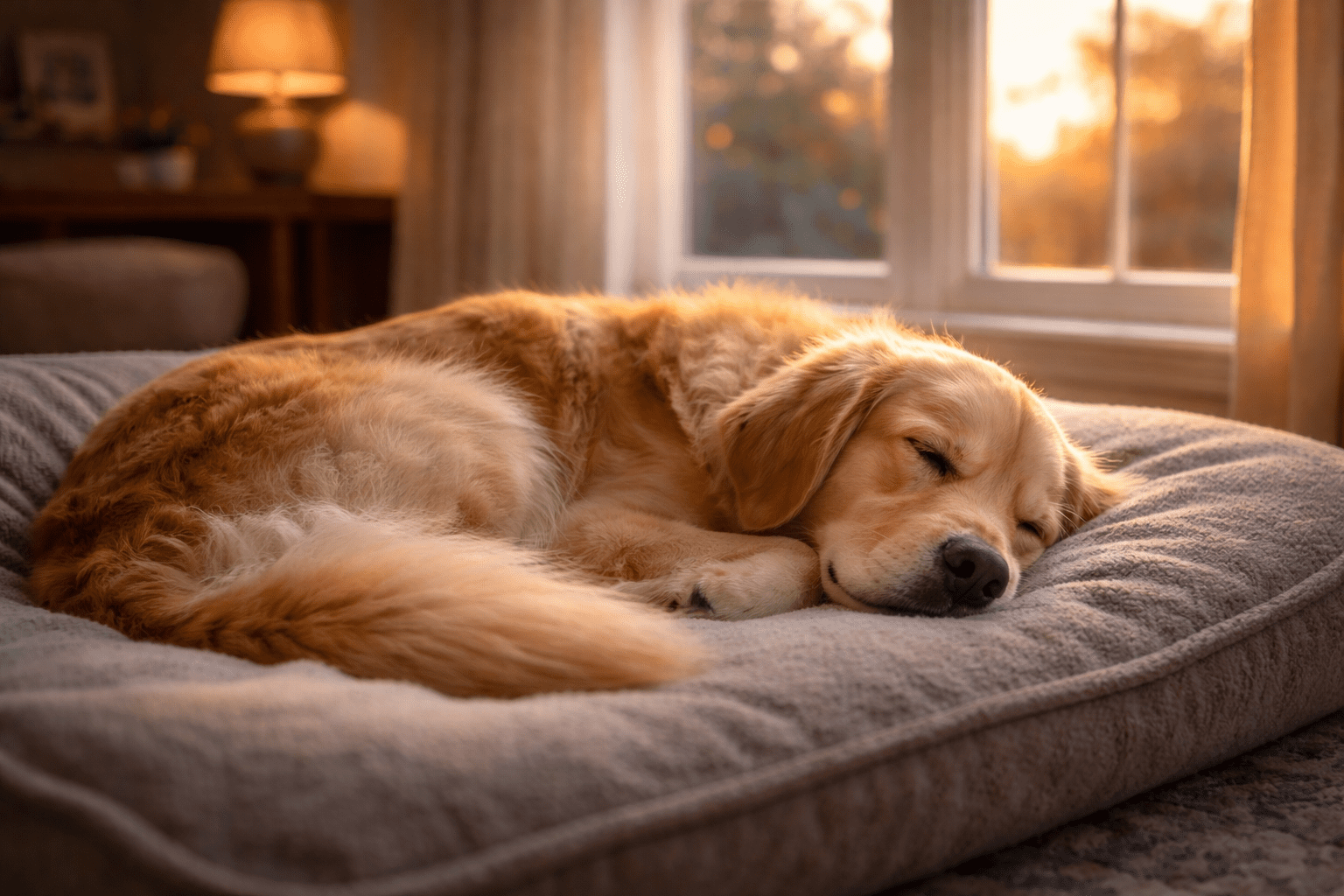 Do Dogs Have a Sense of Time? Understanding Your Dog's Perception 1 A golden retriever sleeps curled up on a large, soft dog bed near a sunlit window in a cozy living room at sunset.