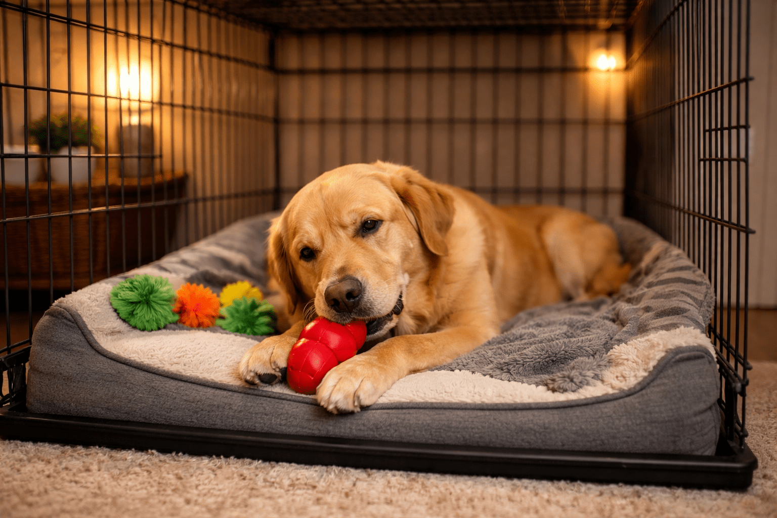 Why Is My Dog So Clingy? Understanding and Managing Velcro Dog Behavior 4 A golden retriever lies on a gray dog bed inside a crate, chewing a red toy. Soft lighting and a green-and-orange plush toy are visible nearby, creating a cozy, relaxed atmosphere.