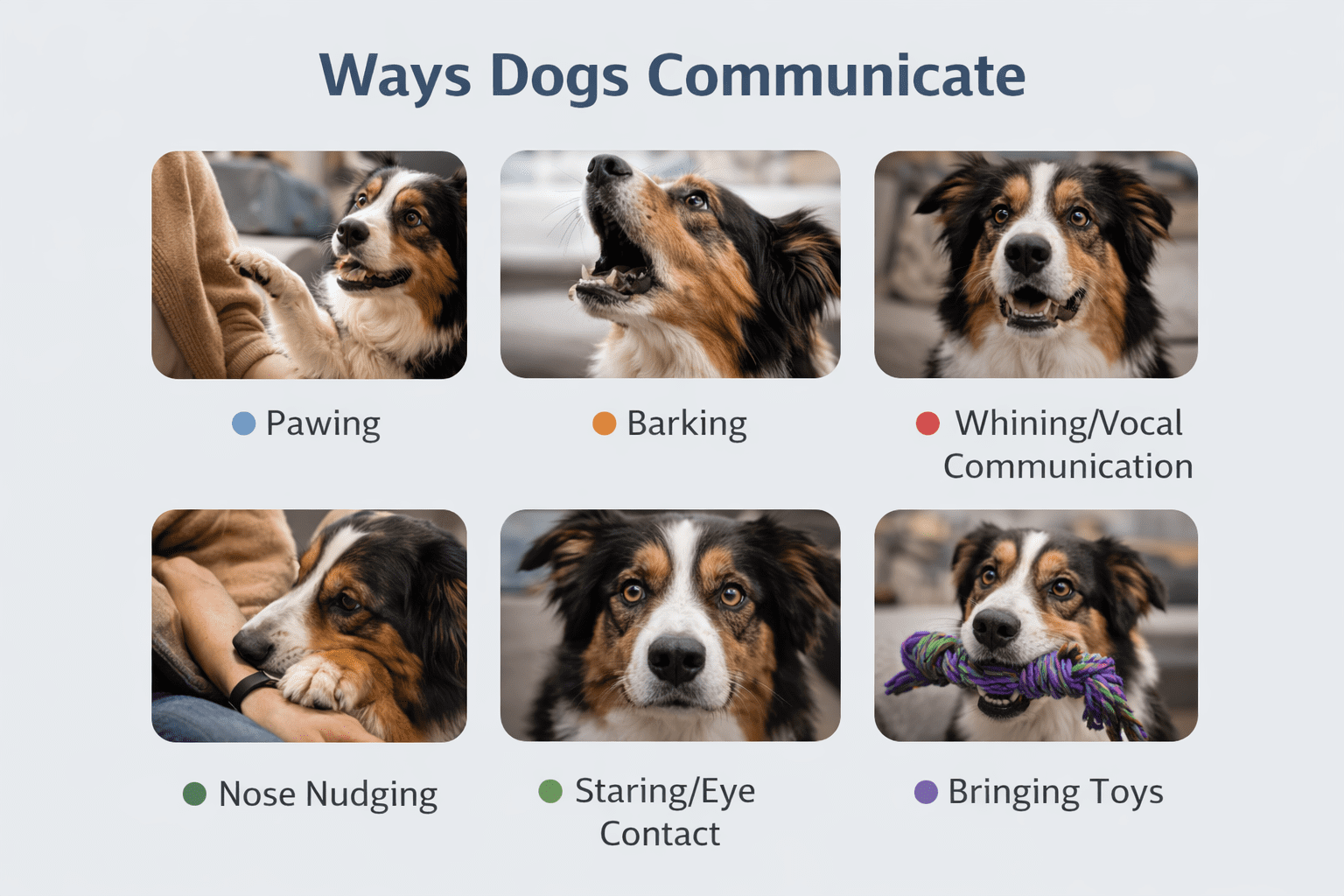 Why Do Dogs Put Their Paw on You? Understanding This Common Behavior 3 Six photos of a dog demonstrating ways dogs communicate: pawing, barking, whining/vocalizing, nose nudging, staring/eye contact, and bringing toys, each with corresponding text labels under the images.