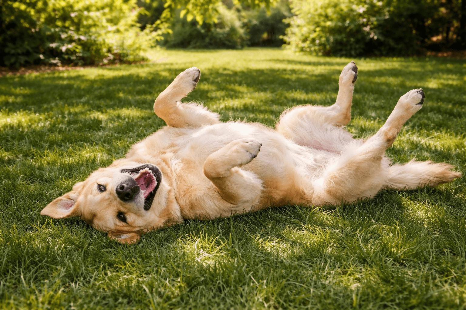 Why Do Dogs Roll in the Grass? Understanding Your Dog's Natural Behavior 2 A happy golden retriever lies on its back in green grass, paws playfully in the air, with its mouth open as if smiling, surrounded by lush trees and sunlight in a park or backyard.