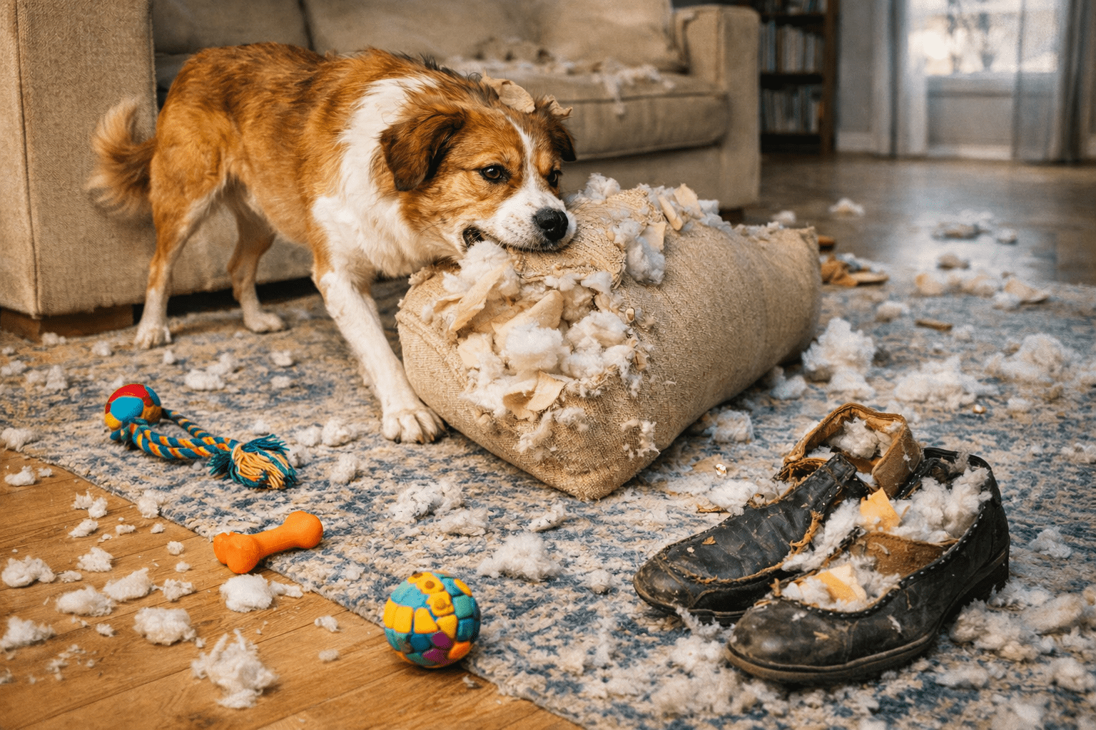 20 Common Dog Behavior Issues: Causes and How to Fix Them 1 A brown and white dog chews on a destroyed pillow, with stuffing scattered across a rug, toys, and chewed-up shoes in a messy living room.