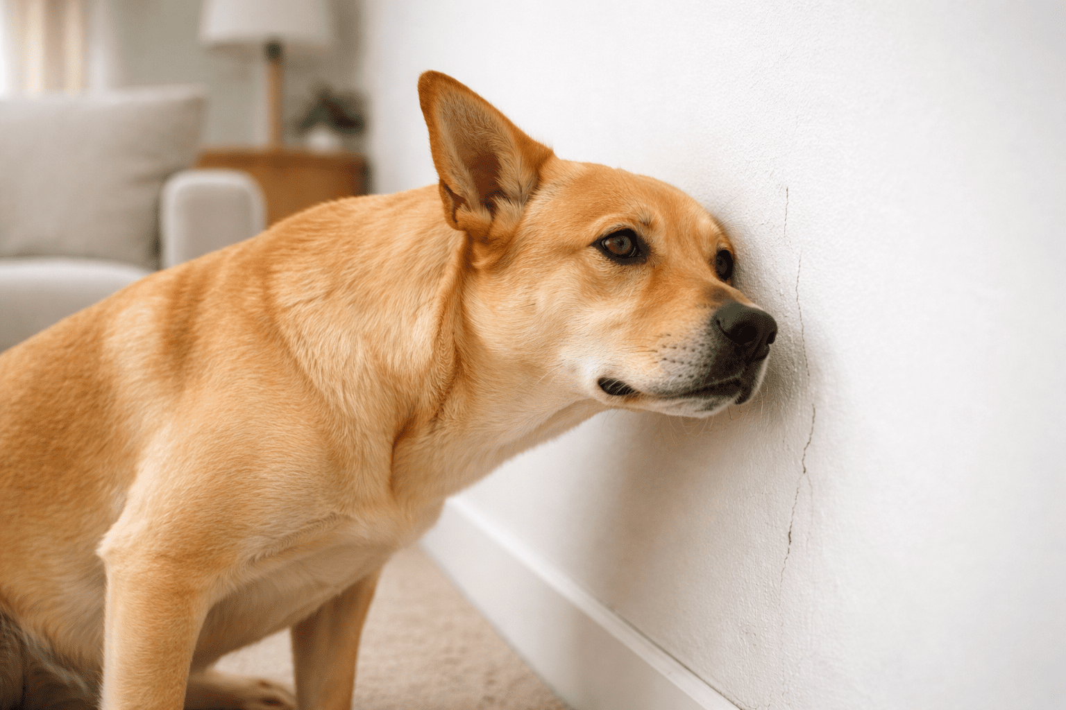 Why Do Dogs Stare at Walls? Understanding This Unusual Behavior 1 A tan dog sits indoors, pressing its head and ear against a white wall with a visible crack, as if listening closely. A beige armchair and lamp are blurred in the background.