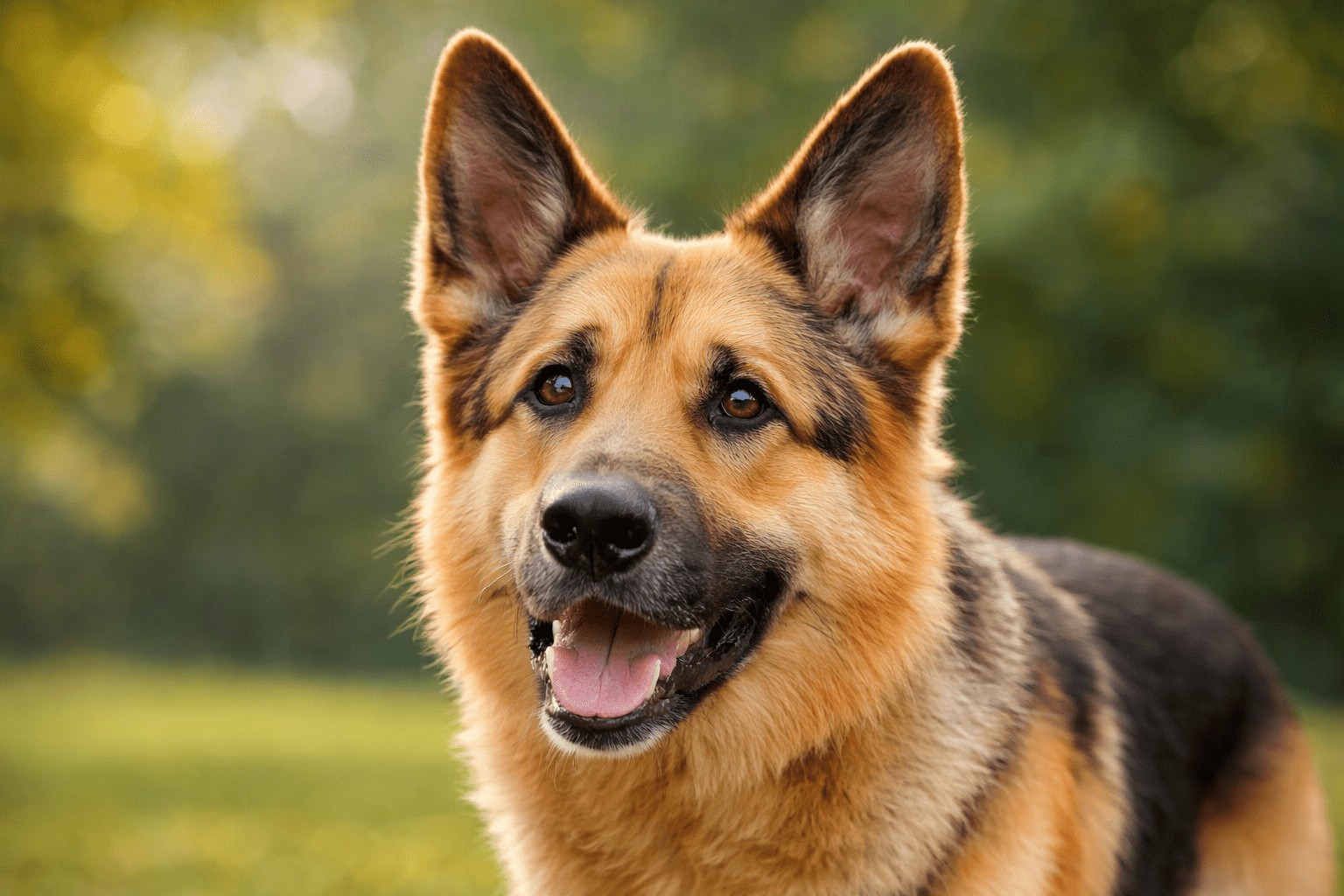 How to Read Dog Body Language: Signals Every Owner Must Know (With Chart) 2 A close-up of a German Shepherd dog outdoors, looking forward with its mouth open and tongue slightly out, against a blurred green background.