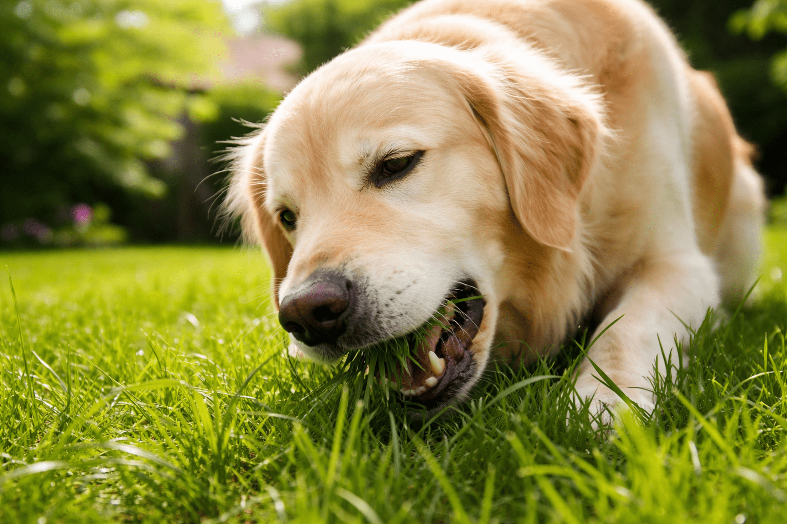 A golden retriever lies on green grass outdoors, chewing on a mouthful of grass with sunlight shining in the background.