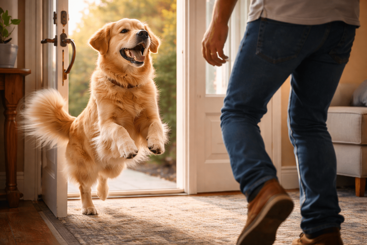 Do Dogs Have a Sense of Time? Understanding Your Dog's Perception 2 A happy golden retriever leaps with excitement toward a person entering through an open door, sunlight streaming into the cozy home.