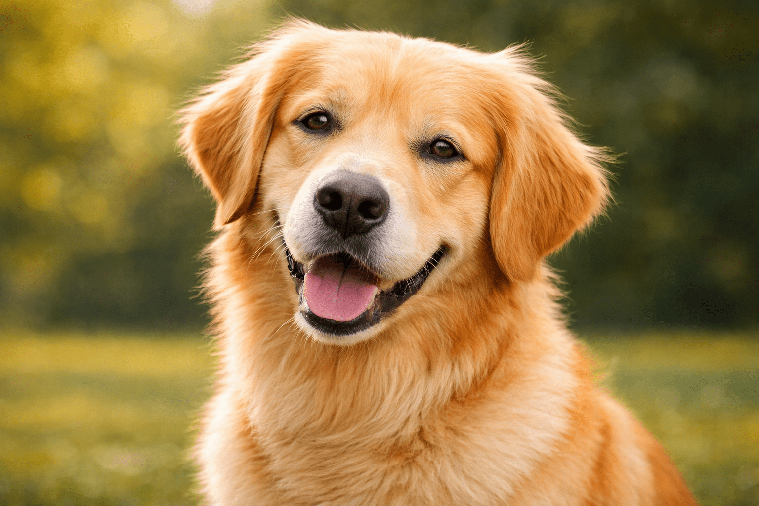 How to Read Dog Body Language: Signals Every Owner Must Know (With Chart) 3 A happy golden retriever dog sits outdoors on green grass, looking at the camera with its mouth open and tongue out, against a blurred background of yellow and green foliage.