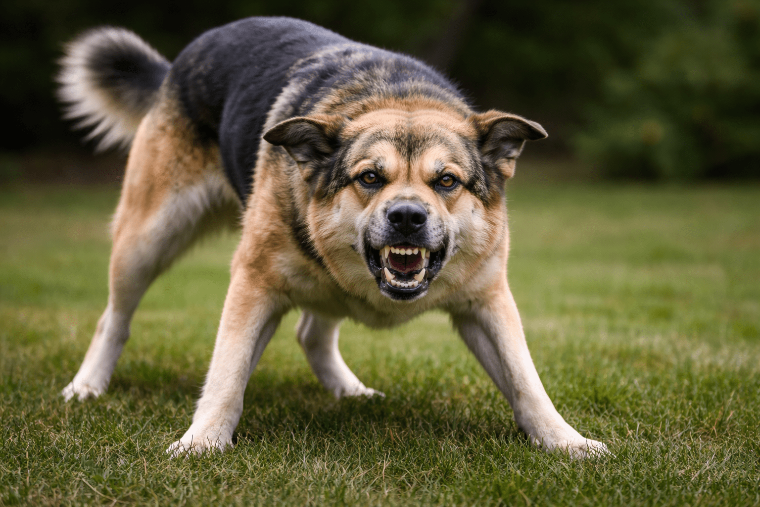 A large dog with black and tan fur stands on grass, baring its teeth, ears back, and body tense, displaying an aggressive or defensive posture.