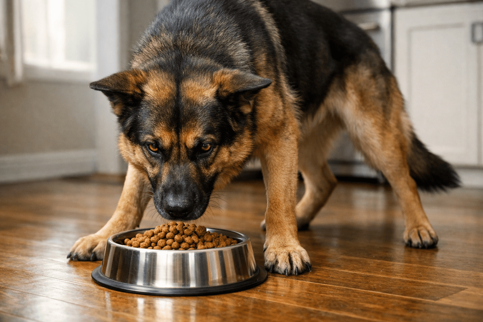 Dog showing possessive aggression over food bowl with stiff body posture and intense star