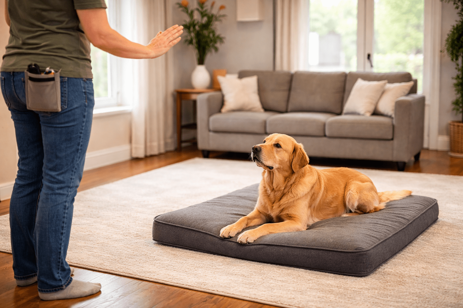 Why Is My Dog So Clingy? Understanding and Managing Velcro Dog Behavior 5 A person stands with a raised hand, giving a command to a golden retriever lying on a dog bed in a living room with a sofa and large windows in the background.