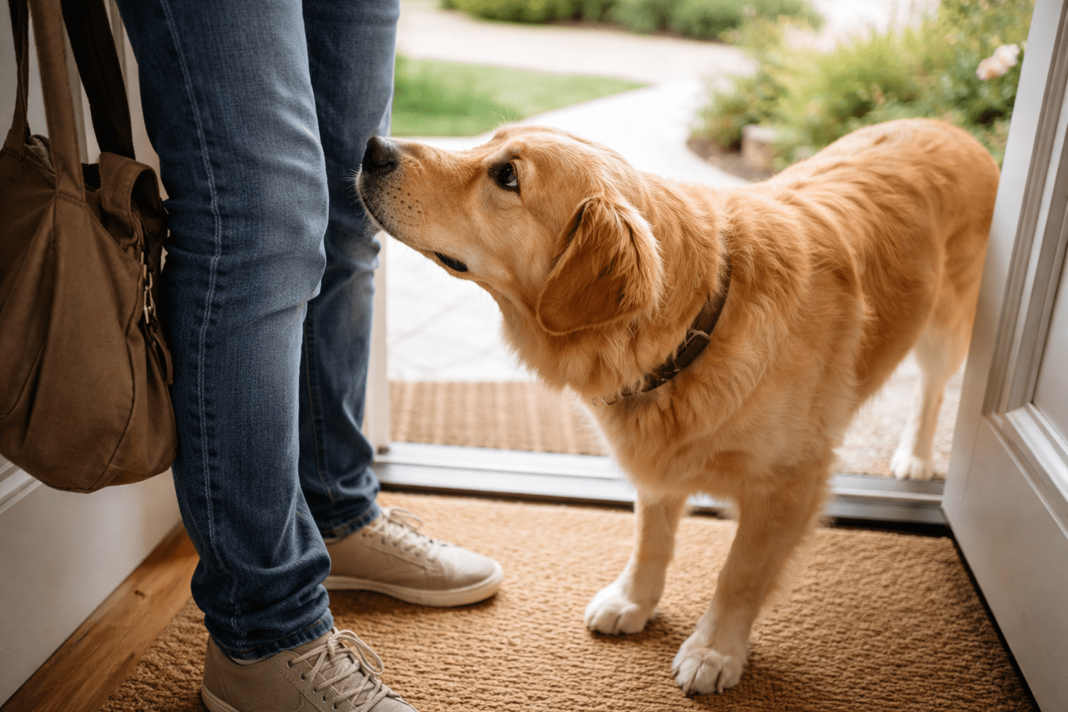 Why Do Dogs Sniff Your Crotch? Understanding Canine Behavior 2 A golden retriever stands by an open door, looking up at a person wearing jeans and sneakers who is holding a brown bag. The scene appears to be at the entrance of a home with greenery outside.