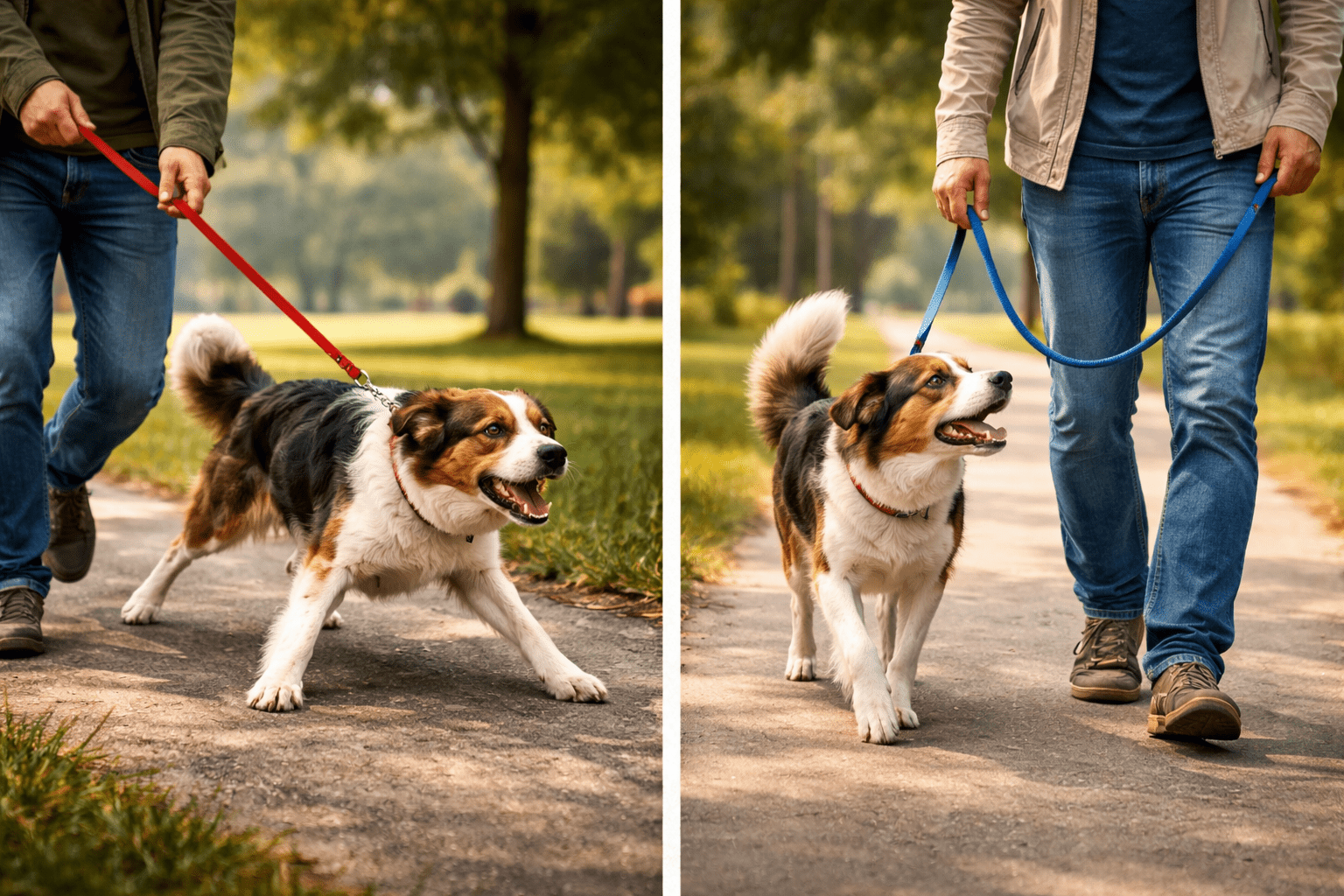 20 Common Dog Behavior Issues: Causes and How to Fix Them 3 Side-by-side photos of a tricolor dog on a leash: on the left, the dog pulls hard ahead on a red leash; on the right, the same dog walks calmly on a blue leash next to a person in a park.
