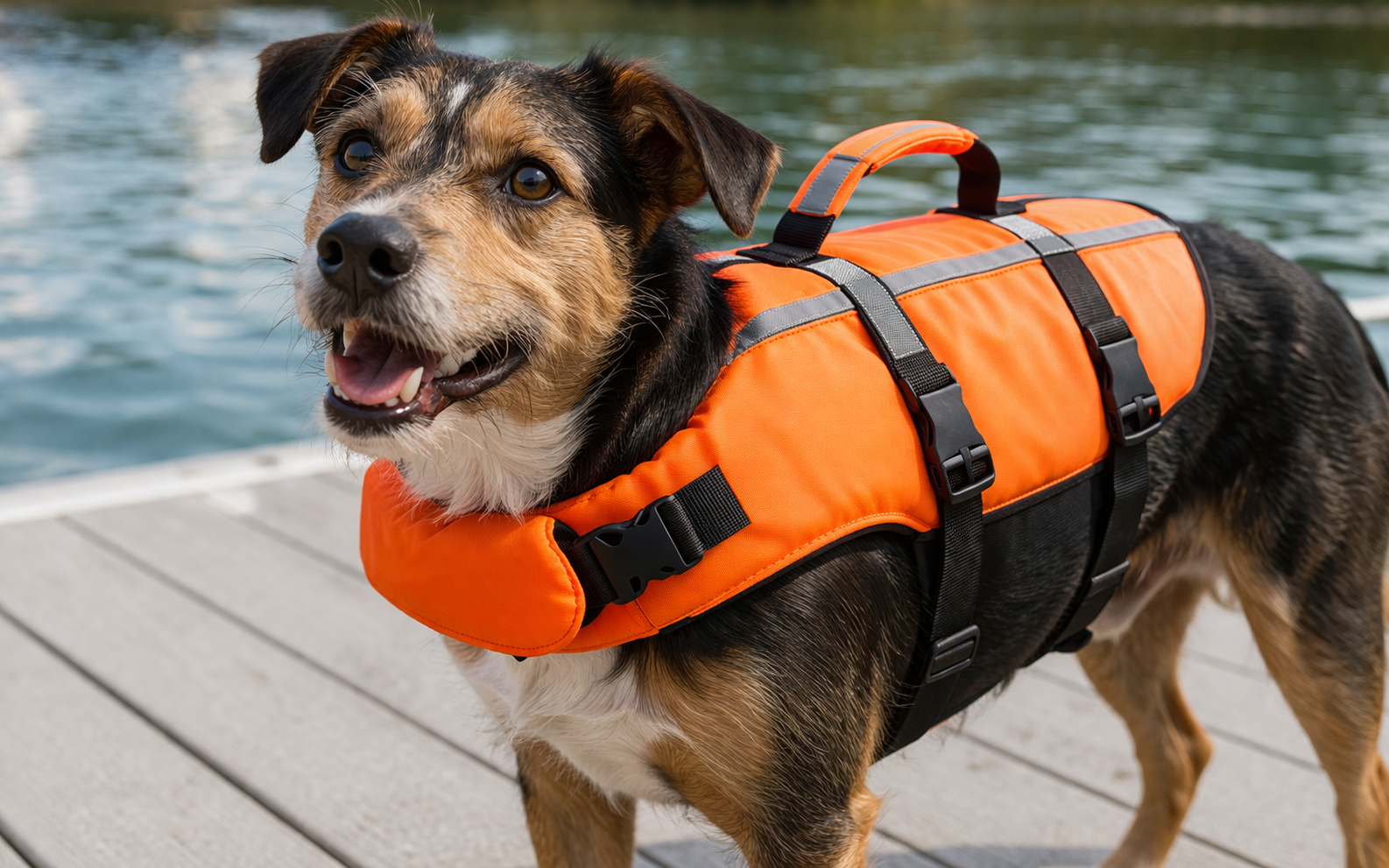 How to Teach a Dog to Swim: Complete Training Guide 2 Dog wearing properly fitted orange life jacket with handle for safe swim training and water safety