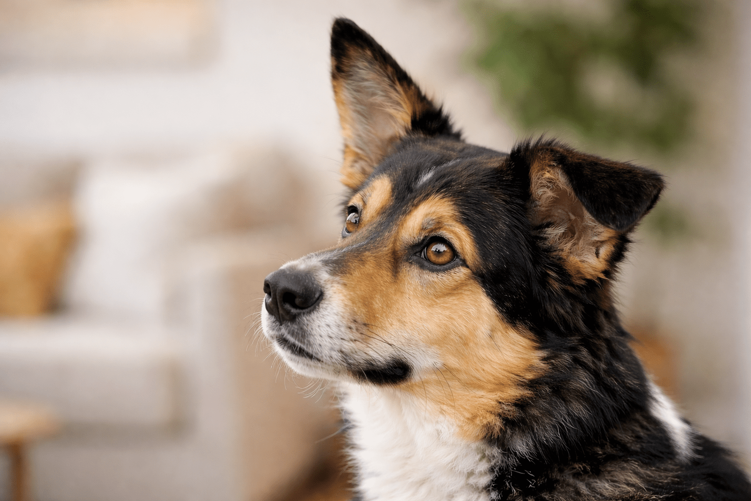 Why Do Dogs Tilt Their Heads: Understanding This Adorable Behavior 1 A close-up of a dog with black, brown, and white fur, looking slightly to the left with alert, expressive eyes. The background is softly blurred, showing indoor furniture and a green plant.