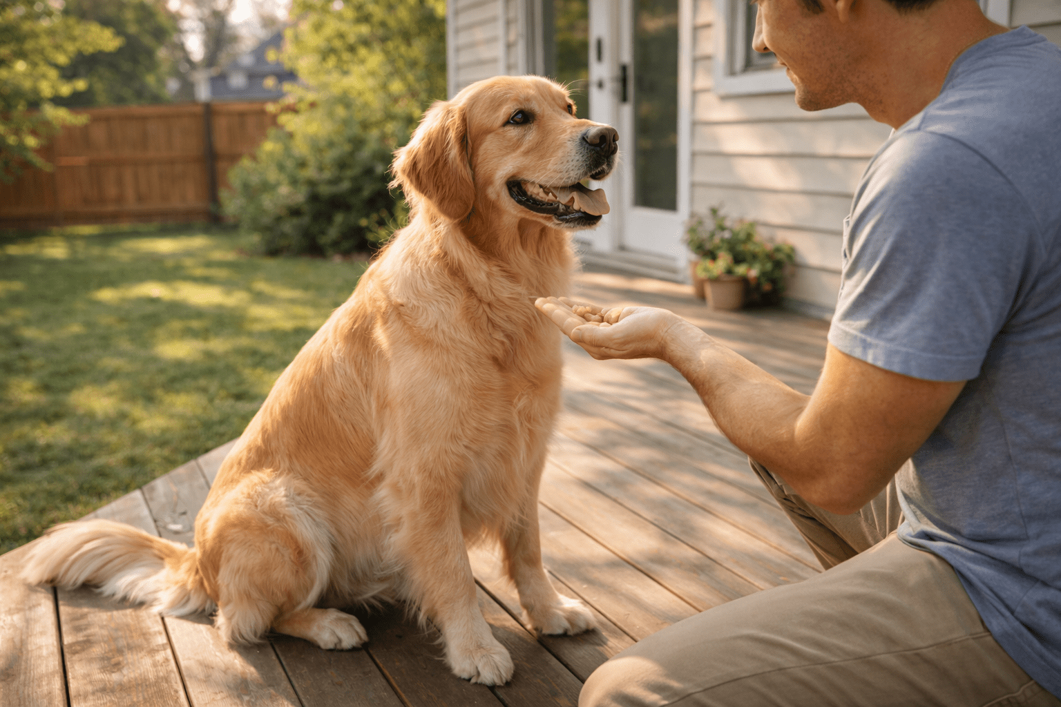 Do Dogs Hold Grudges? Understanding Your Dog's Memory and Emotions 3 A golden retriever sits on a wooden deck, offering its paw to a person kneeling in front of it. The person is holding out their hand, and the scene takes place in a sunny backyard.