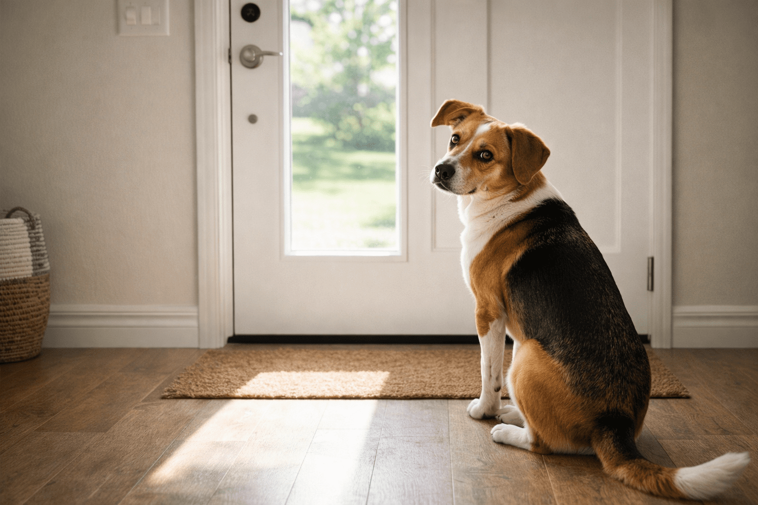Why Is My Dog Whining? Understanding and Addressing This Common Behavior 3 A brown, black, and white dog sits on a doormat in front of a closed door with a window, looking back over its shoulder. Sunlight streams in, illuminating the doorway and wooden floor.