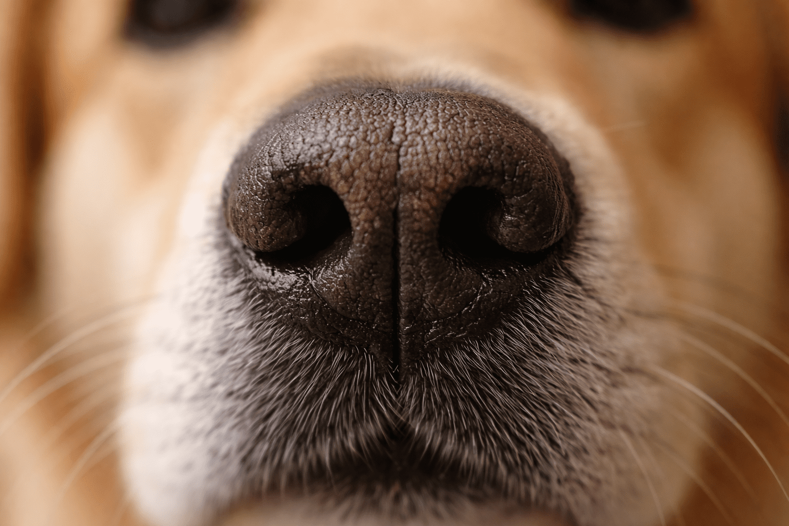 Why Do Dogs Sniff Your Crotch? Understanding Canine Behavior 1 Extreme close-up of a dog's nose, showing its textured surface and surrounding fur in sharp detail. The image captures the nostrils and some whiskers, with the background softly blurred.