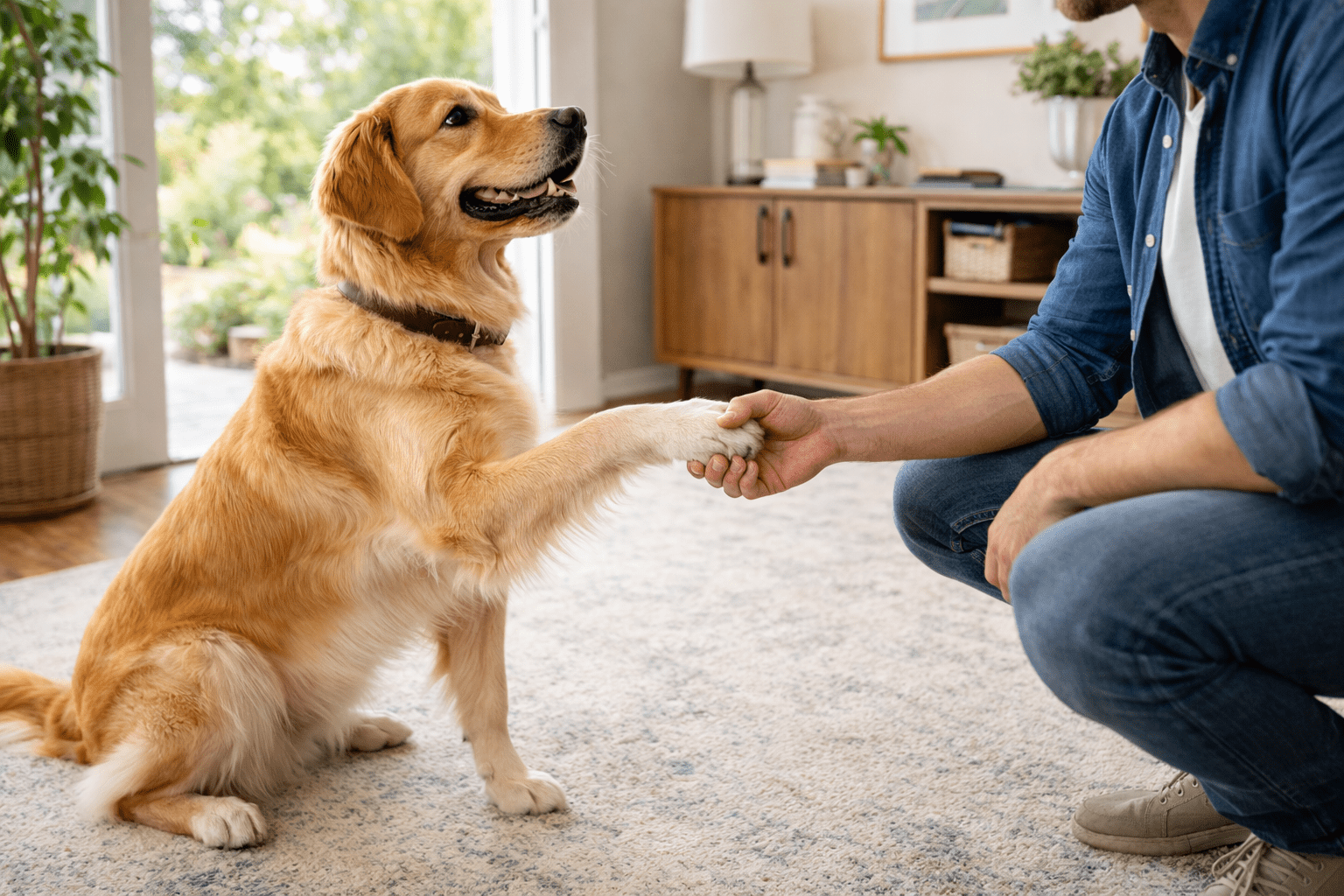 Why Do Dogs Sniff Your Crotch? Understanding Canine Behavior 4 A golden retriever sits indoors on a rug, raising its paw to shake hands with a person kneeling in front of it. The scene appears friendly and well-lit, with home decor in the background.
