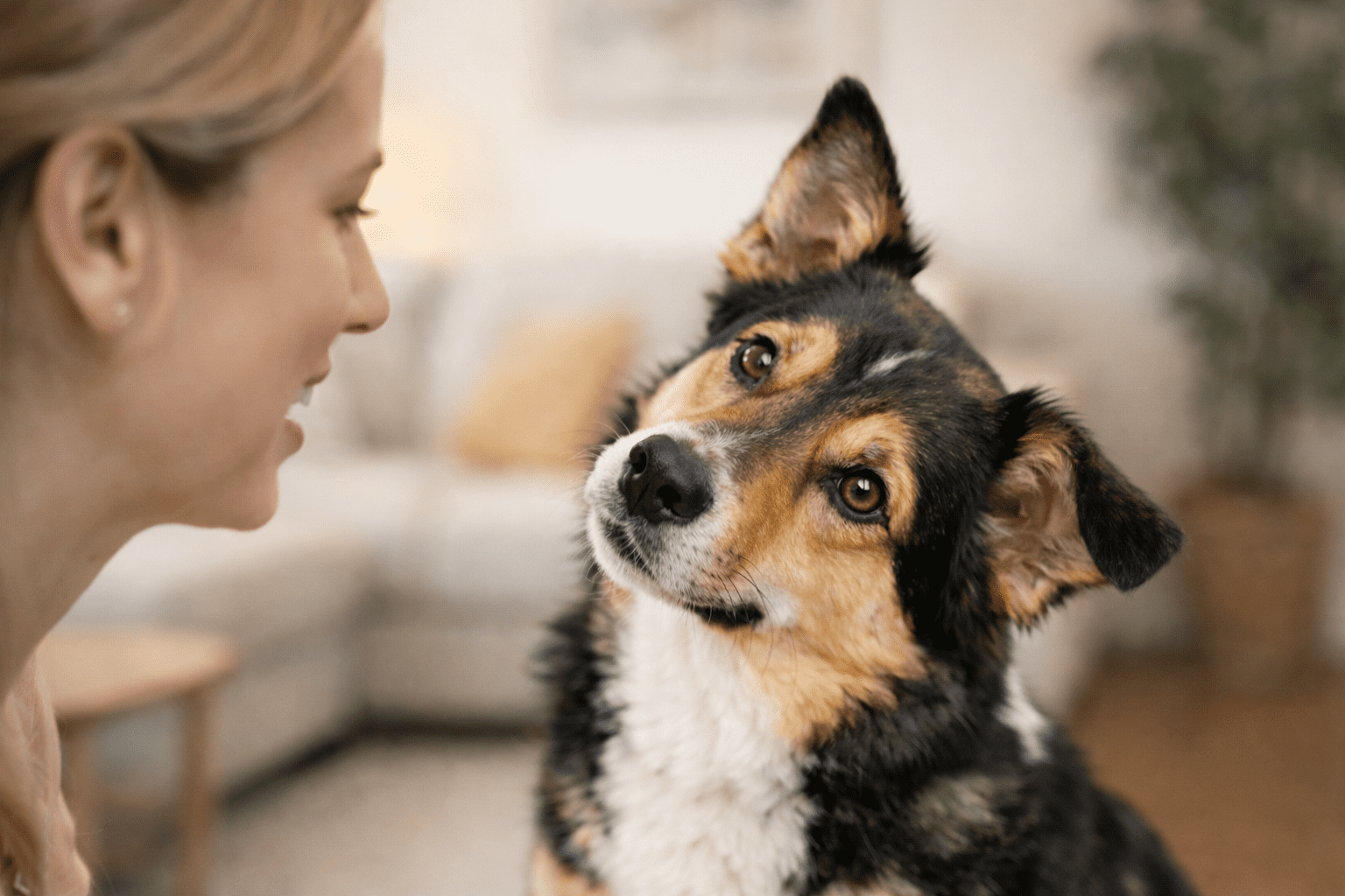 Why Do Dogs Tilt Their Heads: Understanding This Adorable Behavior 2 A woman smiles at a black, brown, and white dog with one ear up and head tilted, indoors in a cozy living room with soft lighting.