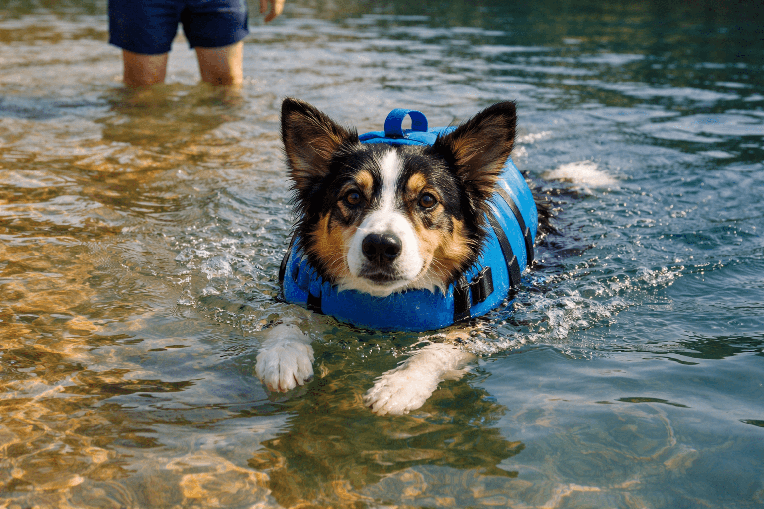 How to Teach a Dog to Swim: Complete Training Guide 4 Dog swimming independently in deeper water showing improved confidence during swim training progression