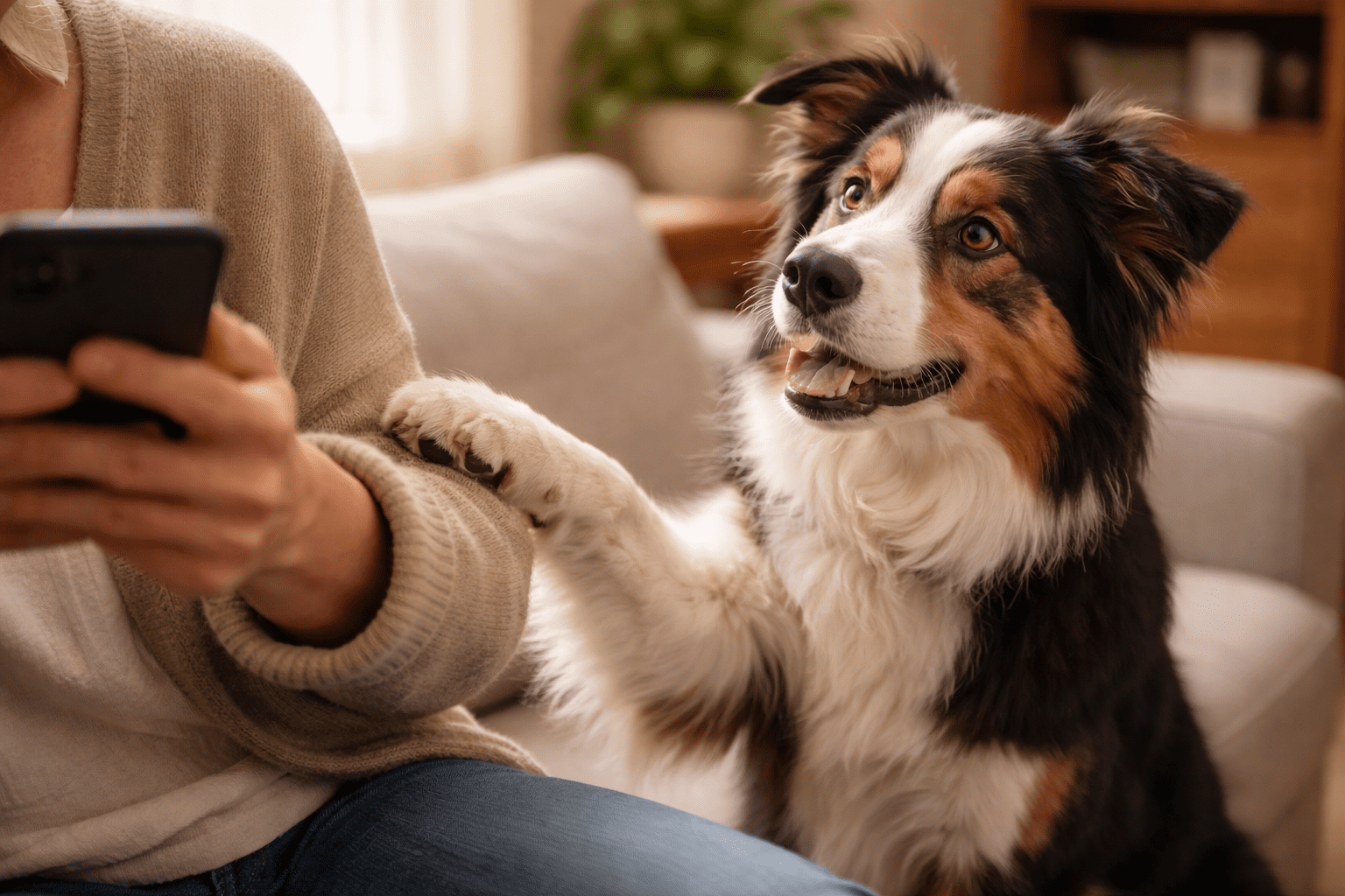 Why Do Dogs Put Their Paw on You? Understanding This Common Behavior 1 A happy dog with its paw on a person's arm sits beside them on a couch. The person is using a smartphone, while the dog looks up at them with an eager expression.