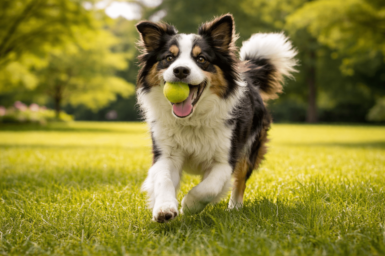 Why Do Dogs Eat Grass? 3 A happy dog with black, white, and brown fur runs on green grass with a tennis ball in its mouth, outdoors on a sunny day with trees in the background.