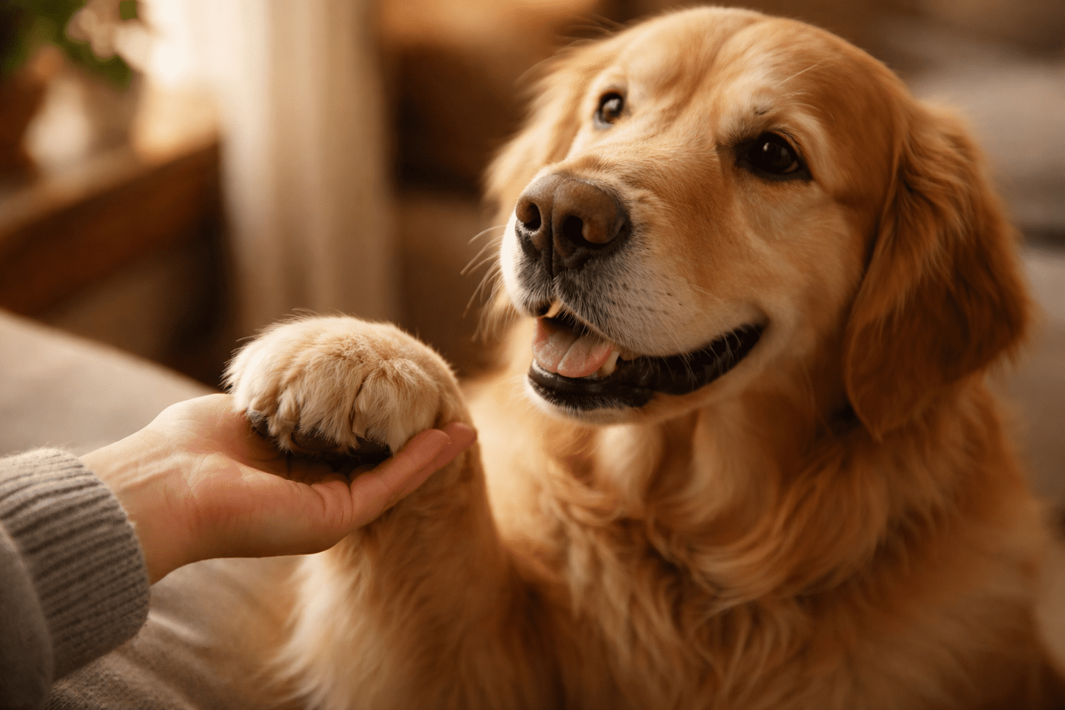 A golden retriever sits indoors, smiling with its mouth open, while placing its paw gently in a person's hand.