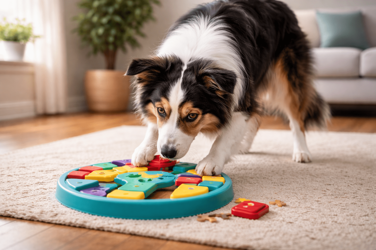 How to Help a Fearful Dog Gain Confidence 3 A dog intently plays with a colorful interactive puzzle toy on a beige carpet in a living room, using its paws and nose to move the pieces and find treats.
